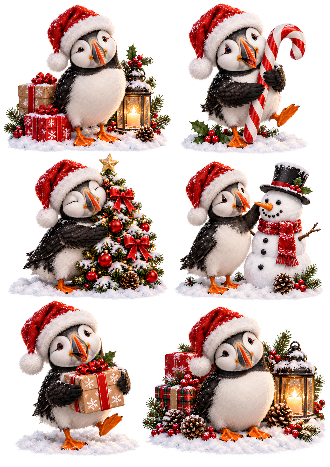 Rice Paper for Decoupage Adorable Festive Puffin Scenes with Santa Hats, Gifts &amp; Snowman Collage Cat 11167