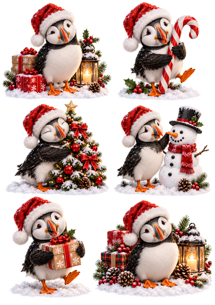 Rice Paper for Decoupage Adorable Festive Puffin Scenes with Santa Hats, Gifts &amp; Snowman Collage Cat 11167