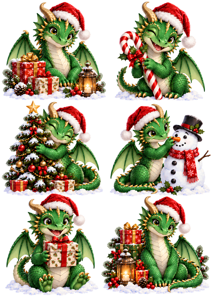 Rice Paper for Decoupage Adorable Festive Green Dragon Scene with Santa Hat Collage Cat 11170