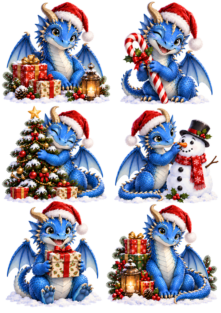 Rice Paper for Decoupage Adorable Festive Blue Dragon Scene with Santa Hat Collage Cat 11171