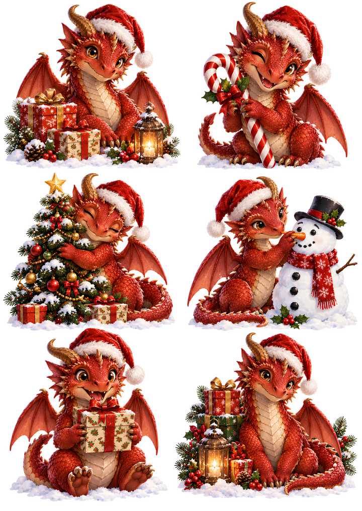 Rice Paper for Decoupage Adorable Festive Red Dragon Scene with Santa Hat Collage Cat 11172