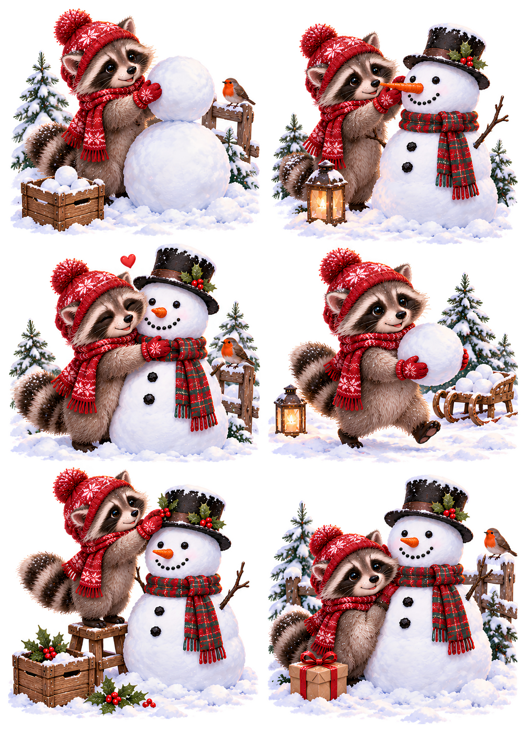 Rice Paper for Decoupage Cute Christmas Raccoon Building a Snowman Collage Cat 11176
