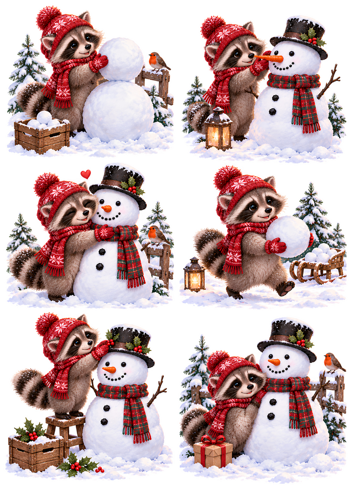 Rice Paper for Decoupage Cute Christmas Raccoon Building a Snowman Collage Cat 11176