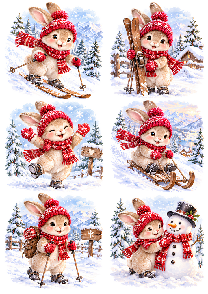 Rice Paper for Decoupage Cute Winter Rabbit on the Snow Collage Cat 11179