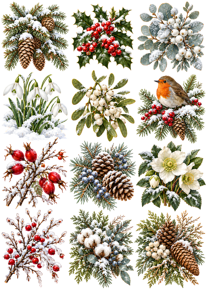 Rice Paper for Decoupage Winter Woodland Botanicals Collage Cat 11181