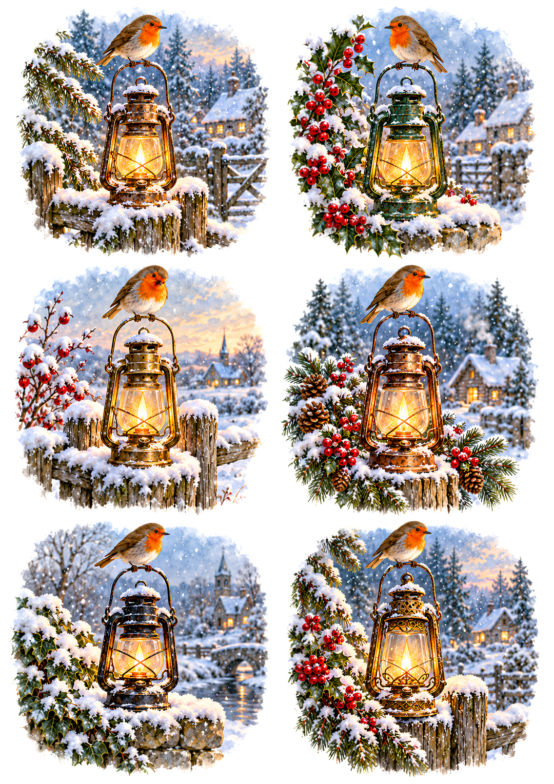 Rice Paper for Decoupage Winter Robin Birds on Glowing Vintage Lanterns Collage Cat 11183