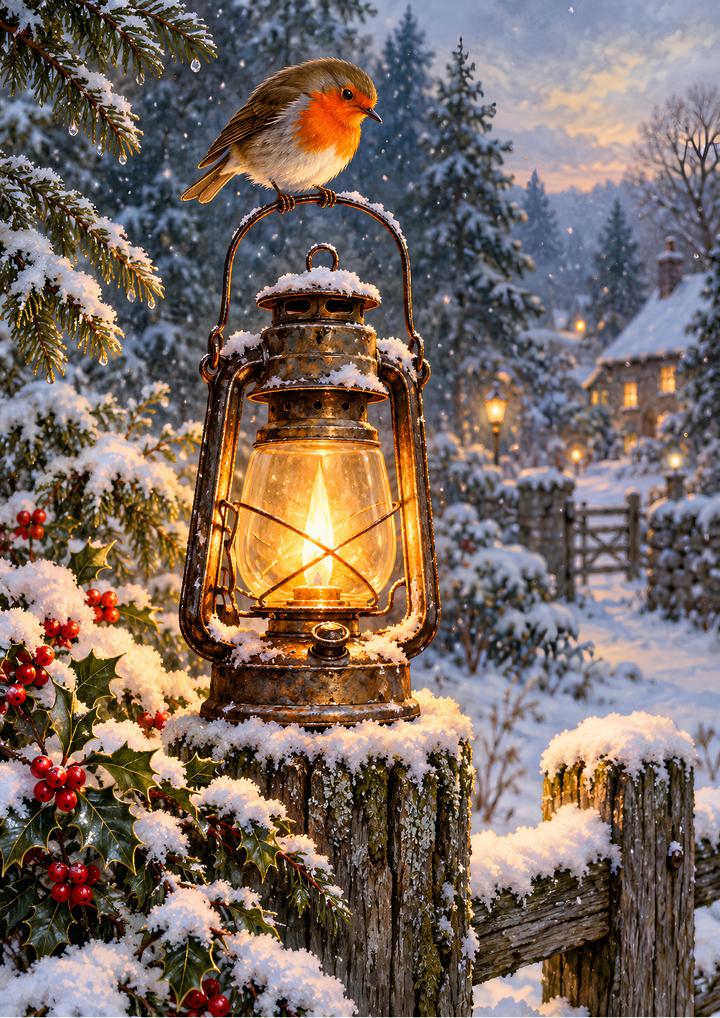 Rice Paper for Decoupage Winter Robin Bird on Glowing Vintage Lantern Full Cat 11184