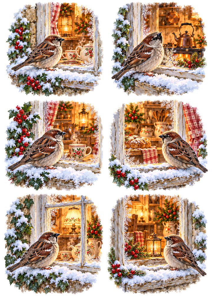 Rice Paper for Decoupage Cozy Winter Sparrows on Snowy Windowsills Collage Cat 11185