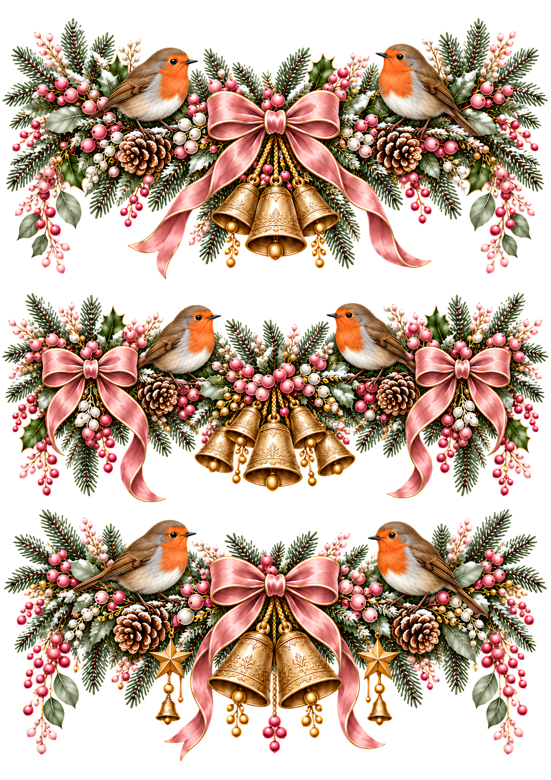 Rice Paper for Decoupage Christmas Robin Garland with Pink Bows Collage Cat 11187
