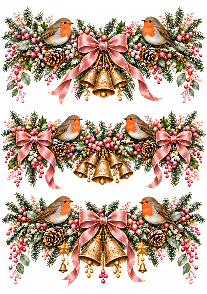 Rice Paper for Decoupage Christmas Robin Garland with Pink Bows Collage Cat 11187