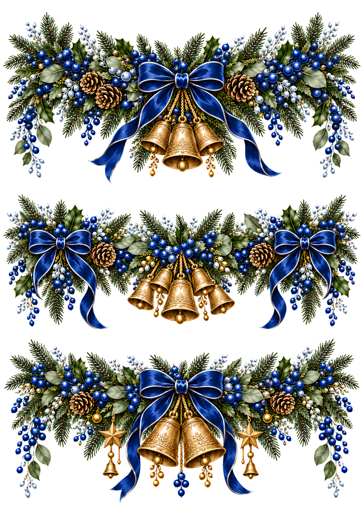 Rice Paper for Decoupage Christmas Garland with Blue Bows Collage Cat 11189