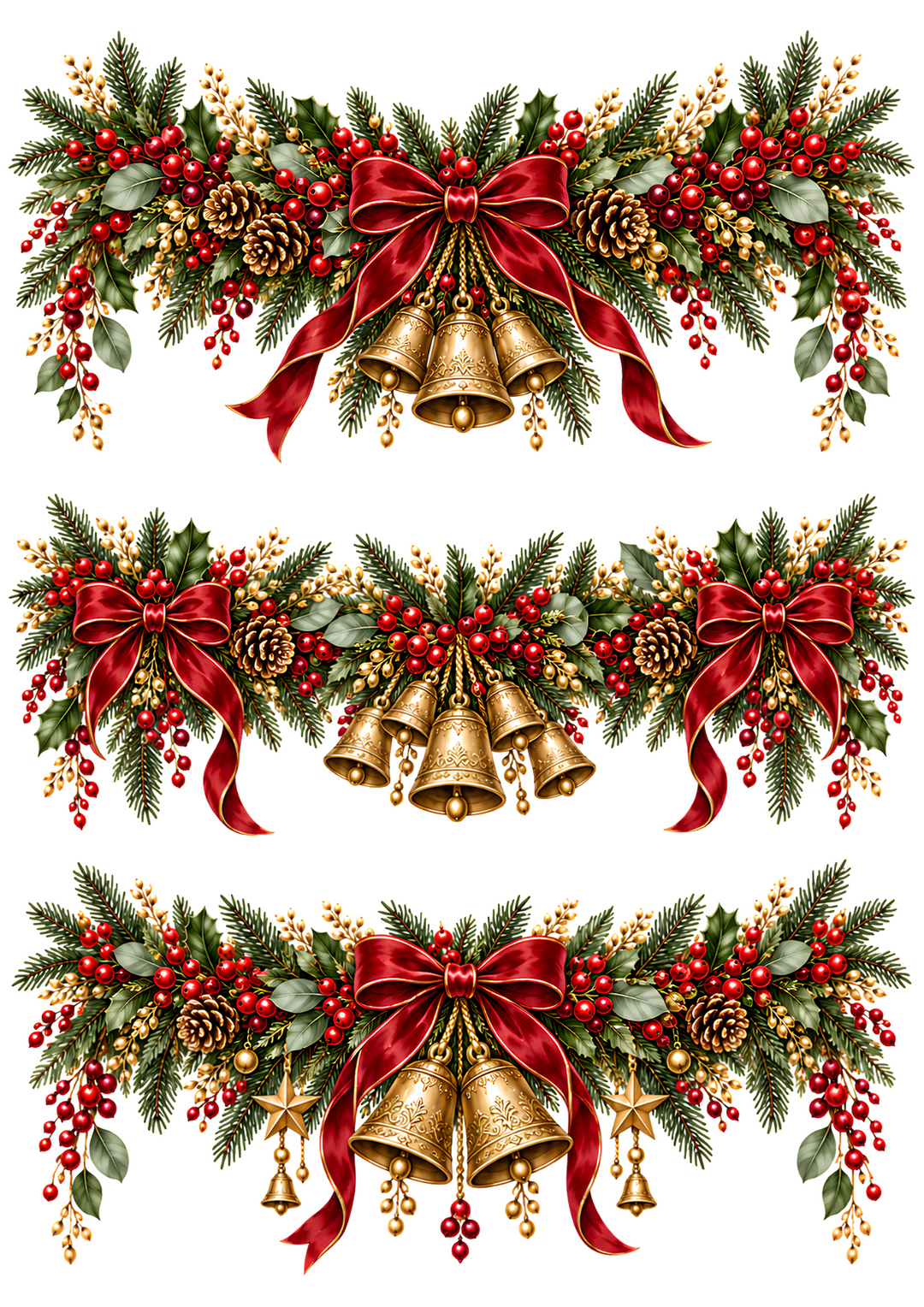 Rice Paper for Decoupage Christmas Garland with Red Bows &amp; Gold Bells Collage Cat 11190