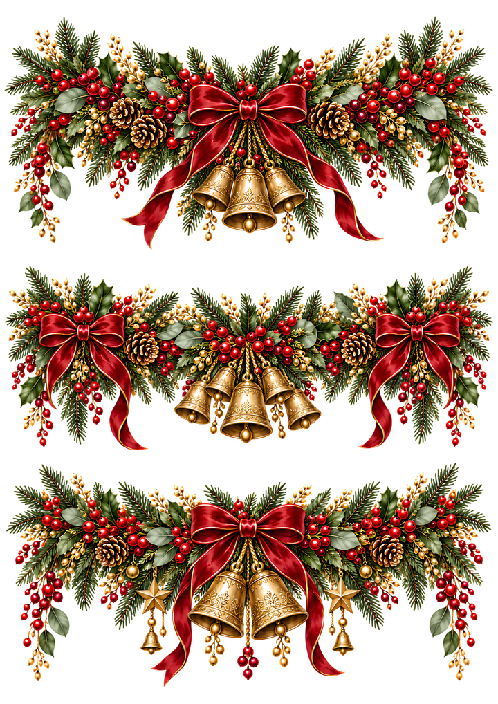 Rice Paper for Decoupage Christmas Garland with Red Bows &amp; Gold Bells Collage Cat 11190
