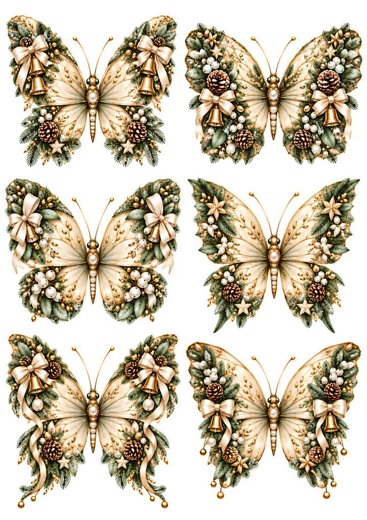 Rice Paper for Decoupage Elegant Christmas Butterflies with Gold Bells, Ivory Bows, Mistletoe and Pinecones  Collage Cat 11191