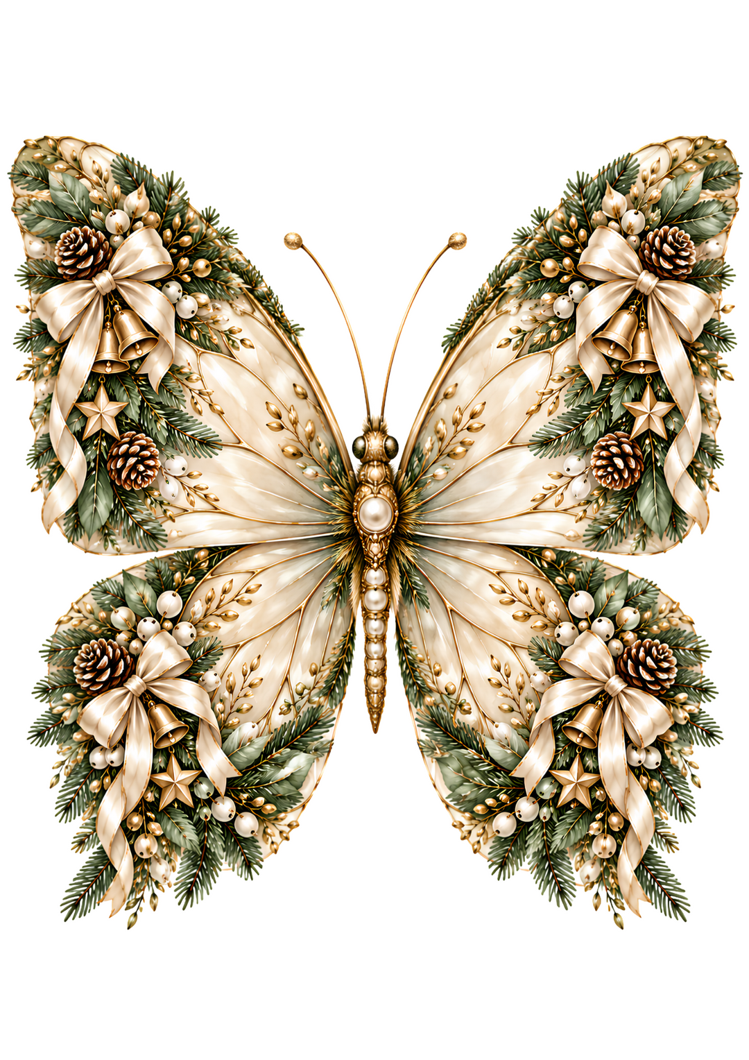 Rice Paper for Decoupage Elegant Christmas Butterflies with Gold Bells, Ivory Bows, Mistletoe and Pinecones Full Cat 11192