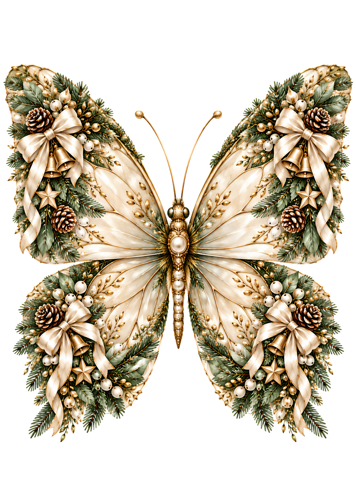 Rice Paper for Decoupage Elegant Christmas Butterflies with Gold Bells, Ivory Bows, Mistletoe and Pinecones Full Cat 11192