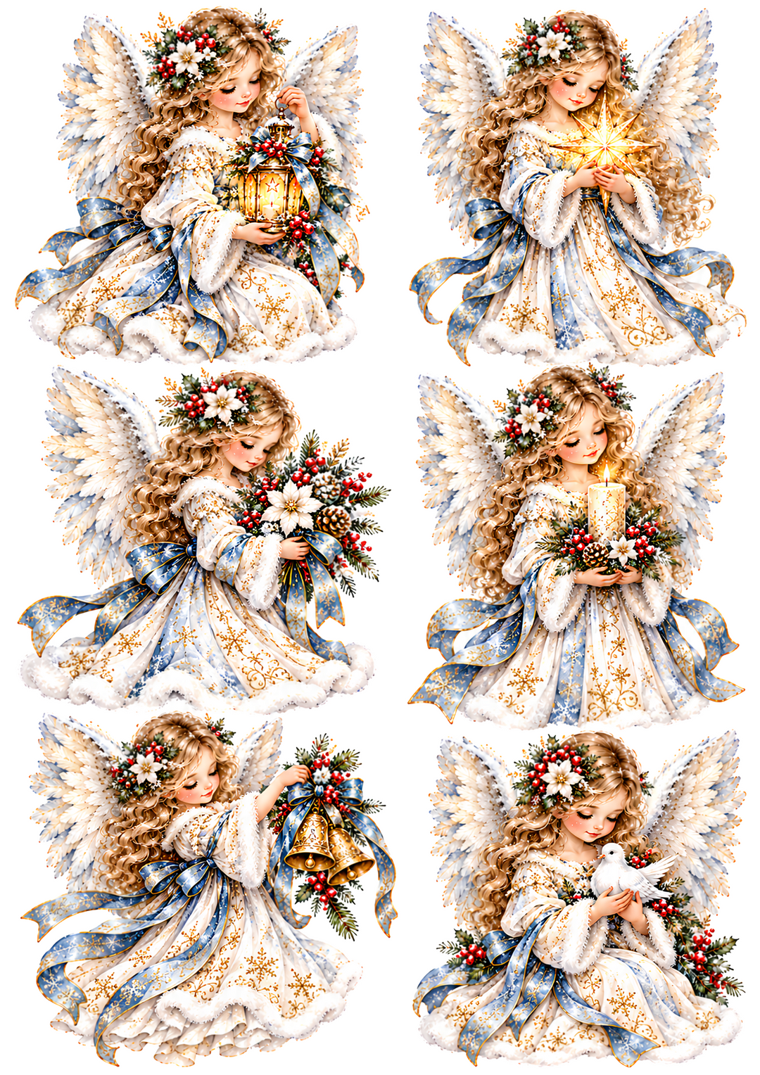 Rice Paper for Decoupage Christmas Angels with Golden Stars, Lanterns and Doves Collage Cat 11193