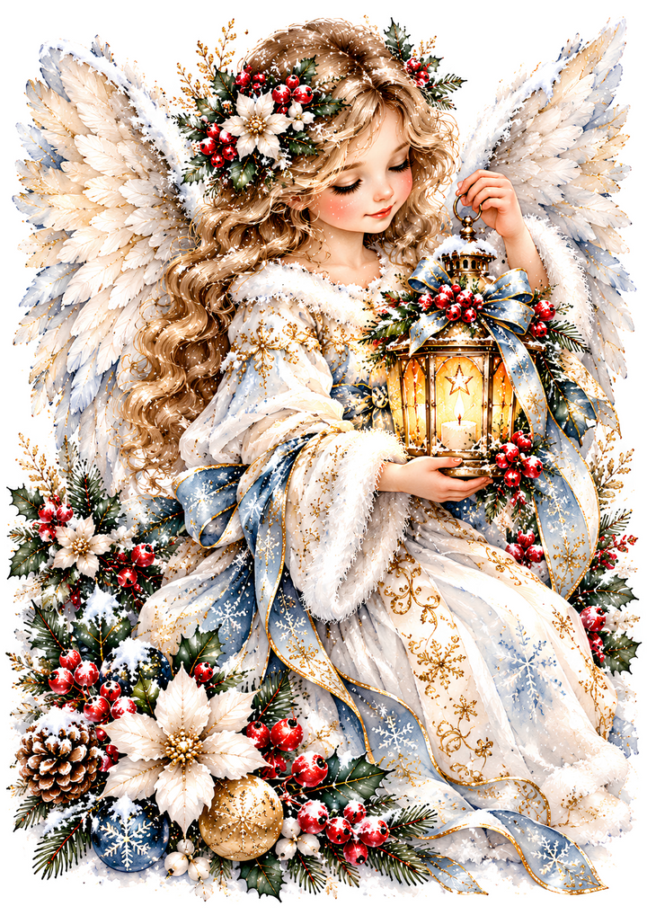 Rice Paper for Decoupage Christmas Angel with Golden Stars, Lantern Full Cat 11194