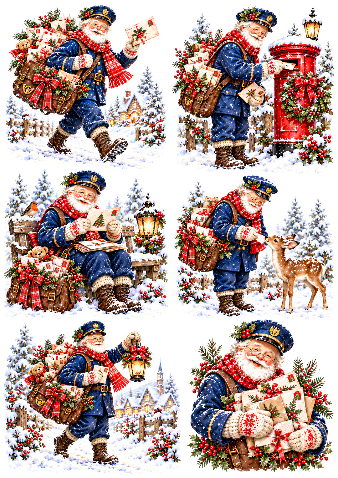 Rice Paper for Decoupage Christmas Postman Santa Claus Delivering Letters in a Snowy Village Collage  Cat 11199