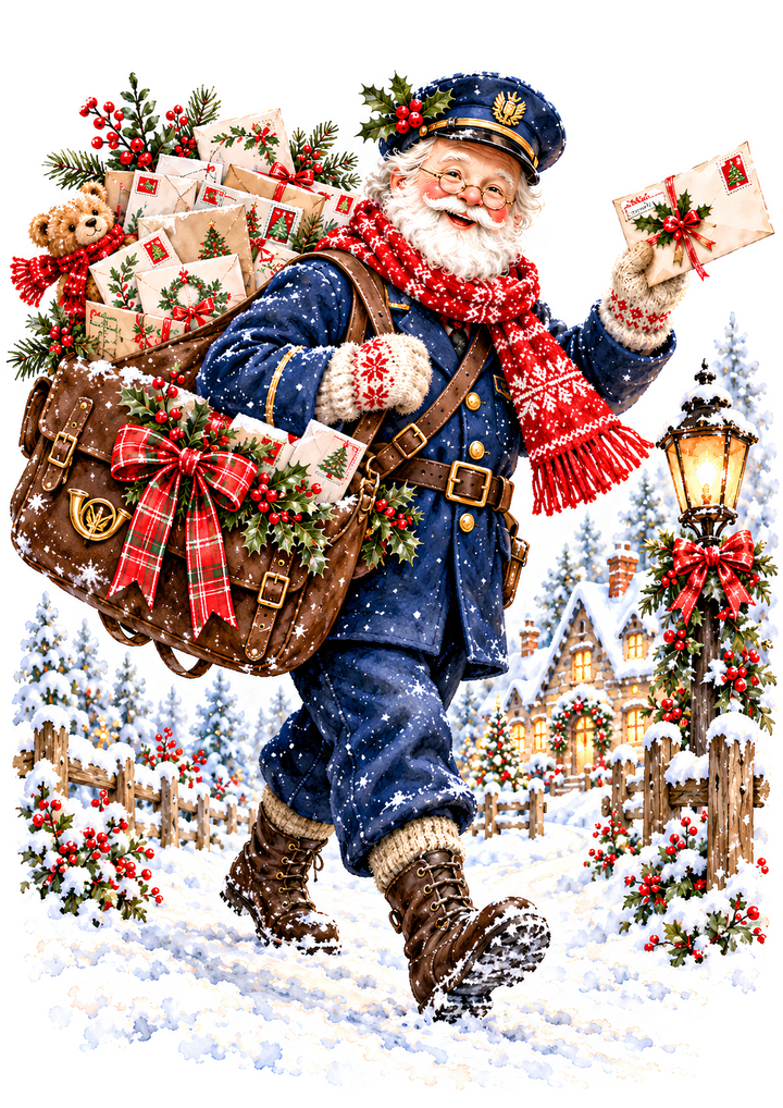 Rice Paper for Decoupage Christmas Postman Santa Claus Delivering Letters in a Snowy Village Full Cat 11200