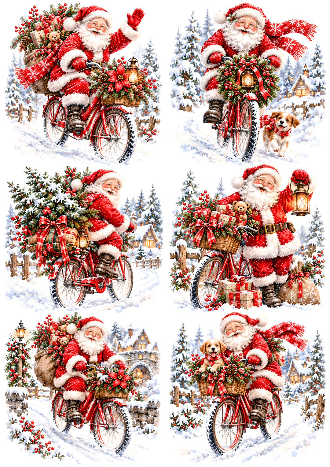 Rice Paper for Decoupage Santa Claus Riding a Bicycle Through a Snowy Christmas Village Collage  Cat 11201