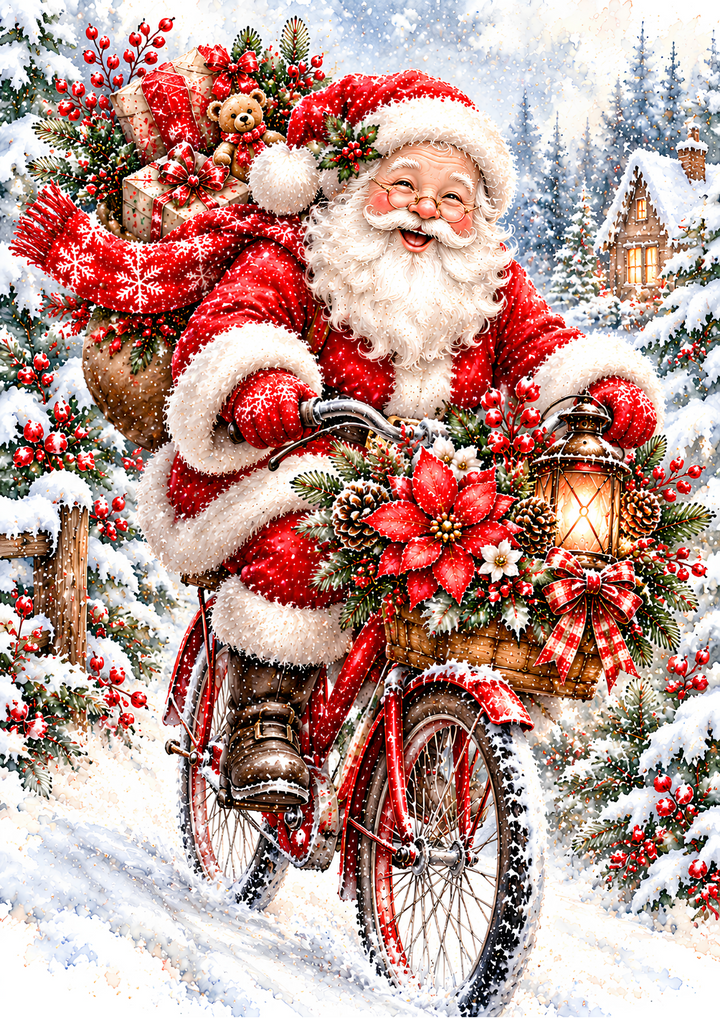 Rice Paper for Decoupage Santa Claus Riding a Bicycle Through a Snowy Christmas Village Full Cat 11202