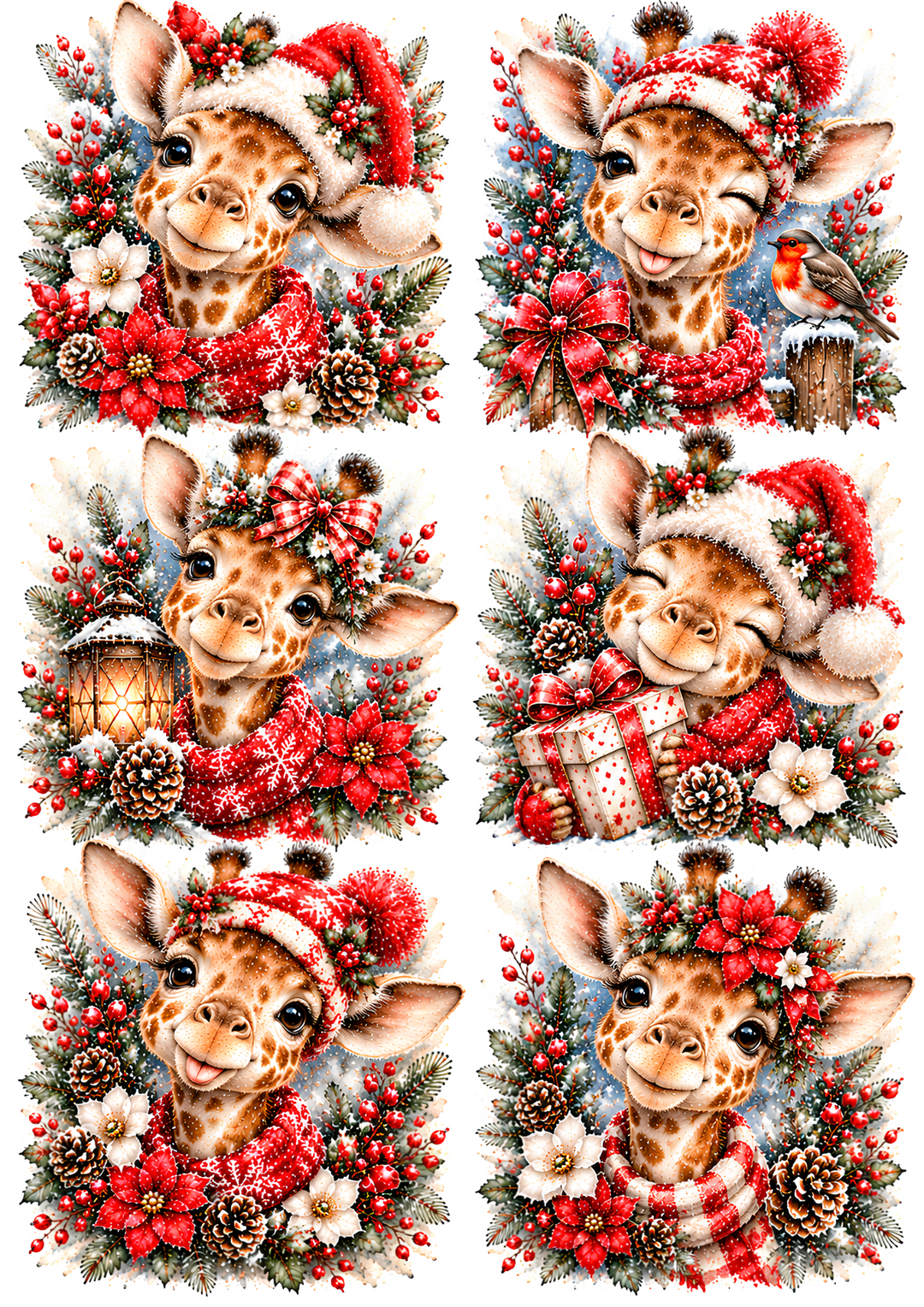 Rice Paper for Decoupage Cute Giraffe in Santa Hat Collage Cat 11203