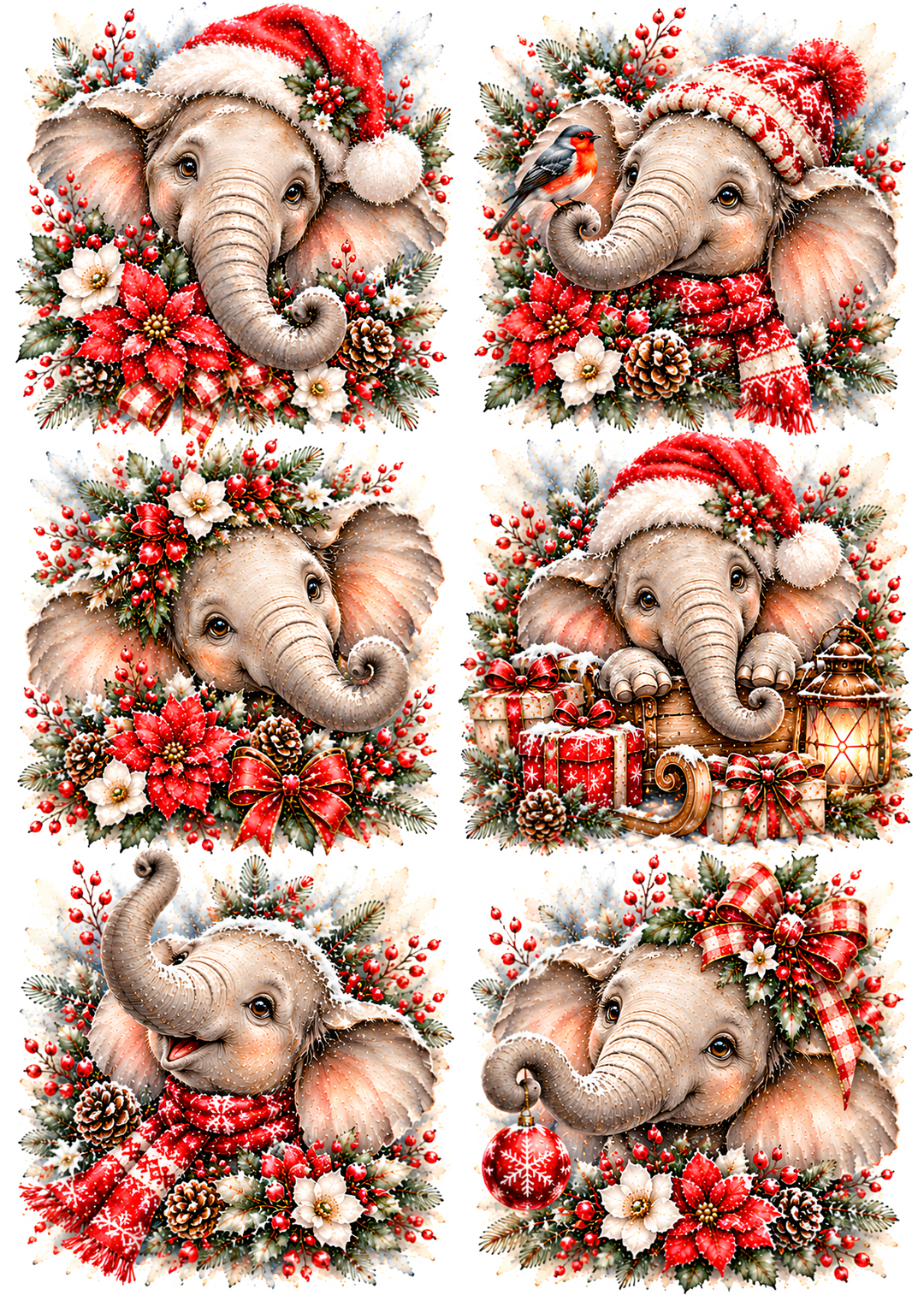 Rice Paper for Decoupage Cute Elephant in Santa Hat Collage Cat 11205