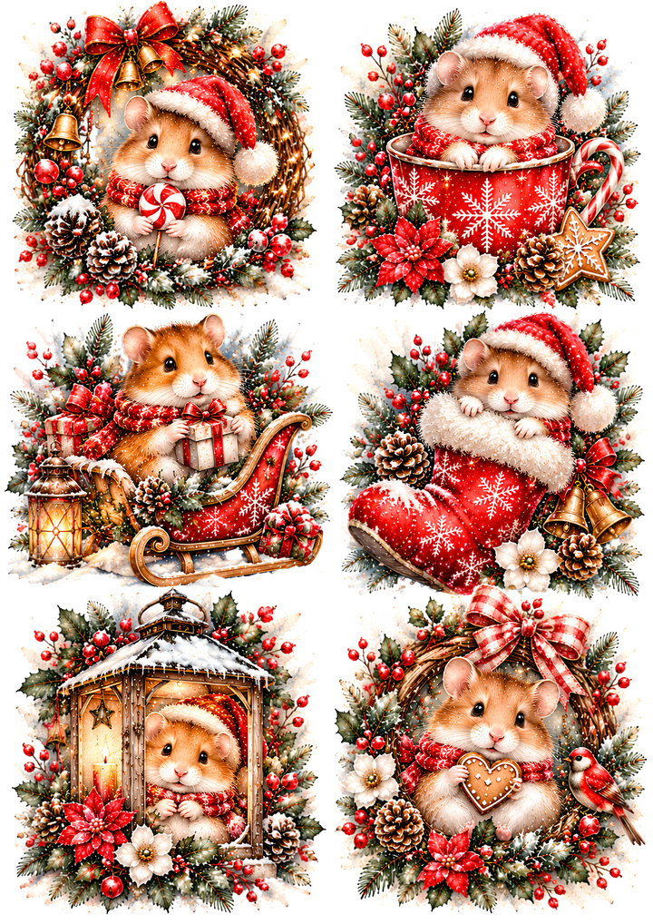 Rice Paper for Decoupage Cute Hamster in Santa Hat Collage Cat 11207