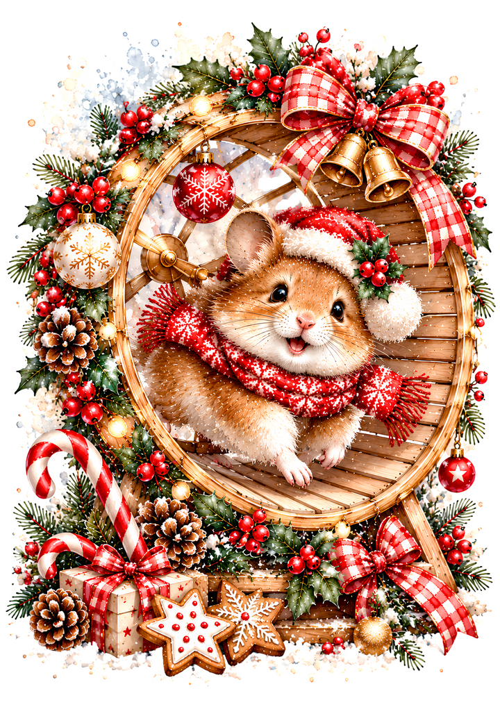 Rice Paper for Decoupage Cute Christmas Hamster in a Festive Wooden Wheel with Santa Hat Full Cat 11208