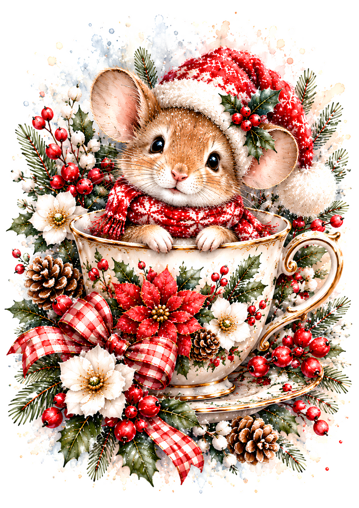 Rice Paper for Decoupage Cute Christmas Mouse in Festive Teacup with Santa Hat Full  Cat 11210