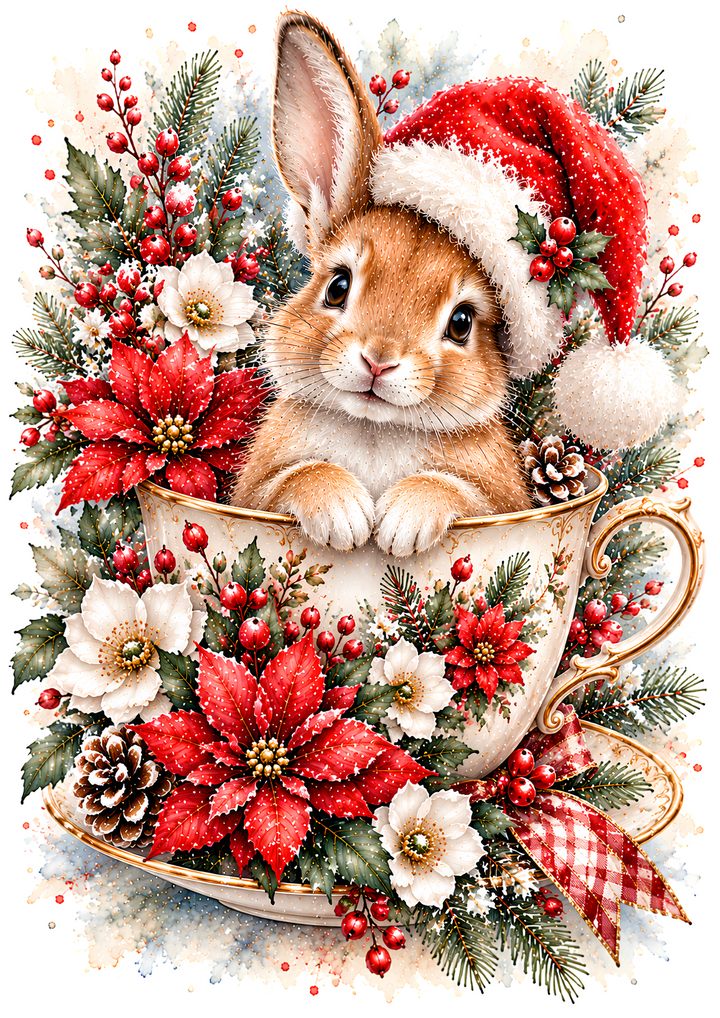 Rice Paper for Decoupage Cute Christmas Rabbit  in Festive Teacup with Santa Hat Full  Cat 11212