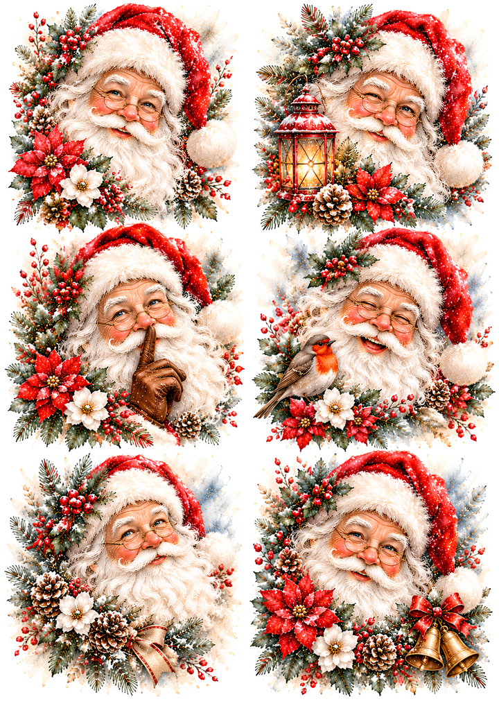Rice Paper for Decoupage Vintage Santa Claus Christmas Portraits with Poinsettias Collage  Cat 11213