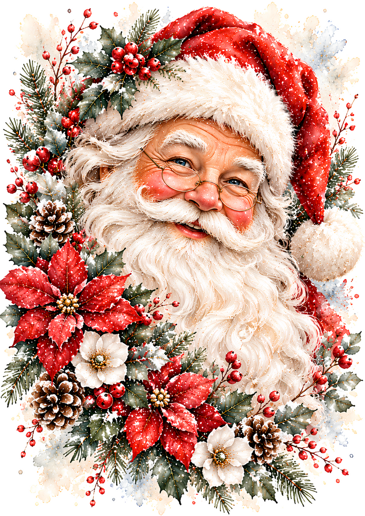Rice Paper for Decoupage Vintage Santa Claus Christmas Portrait with Poinsettias Full Cat 11214