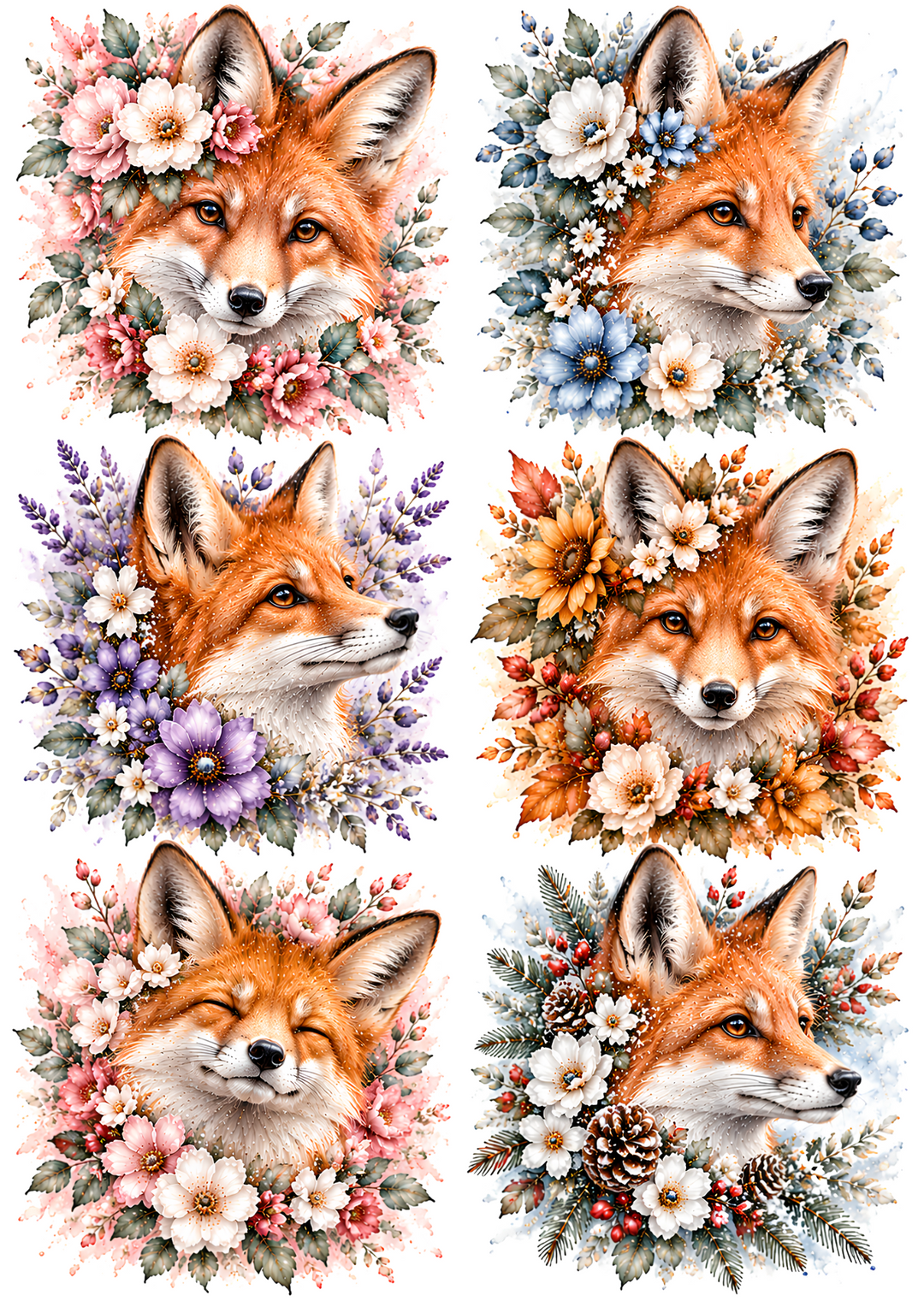 Rice Paper for Decoupage Floral Fox Portraits with Pink Roses, Blue Flowers and Autumn Blooms Collage  Cat 11215