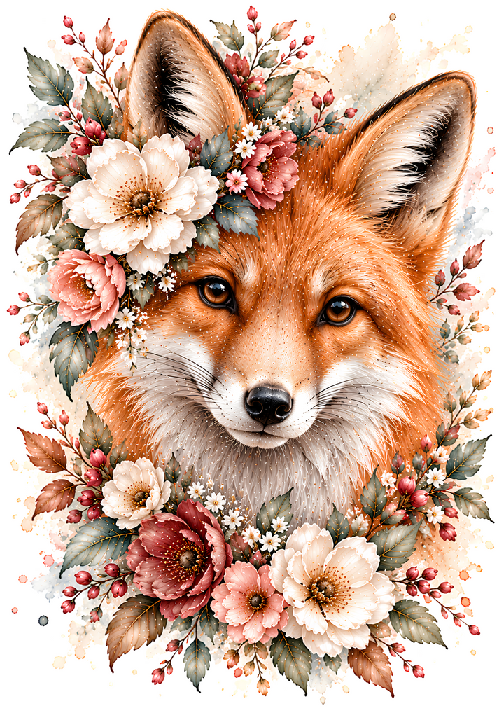 Rice Paper for Decoupage Floral Fox Portrait with Pink Roses Full  Cat 11216