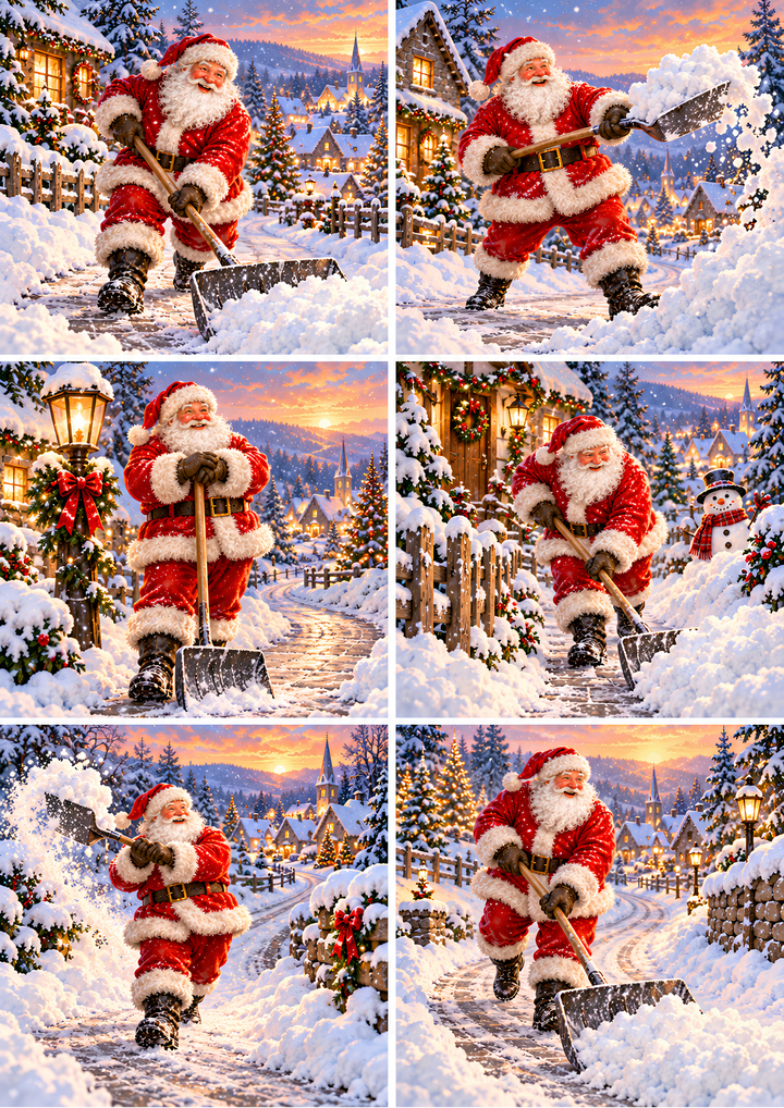 Rice Paper for Decoupage Santa Claus Shovelling Snow in a Magical Christmas Village Collage Cat 11227