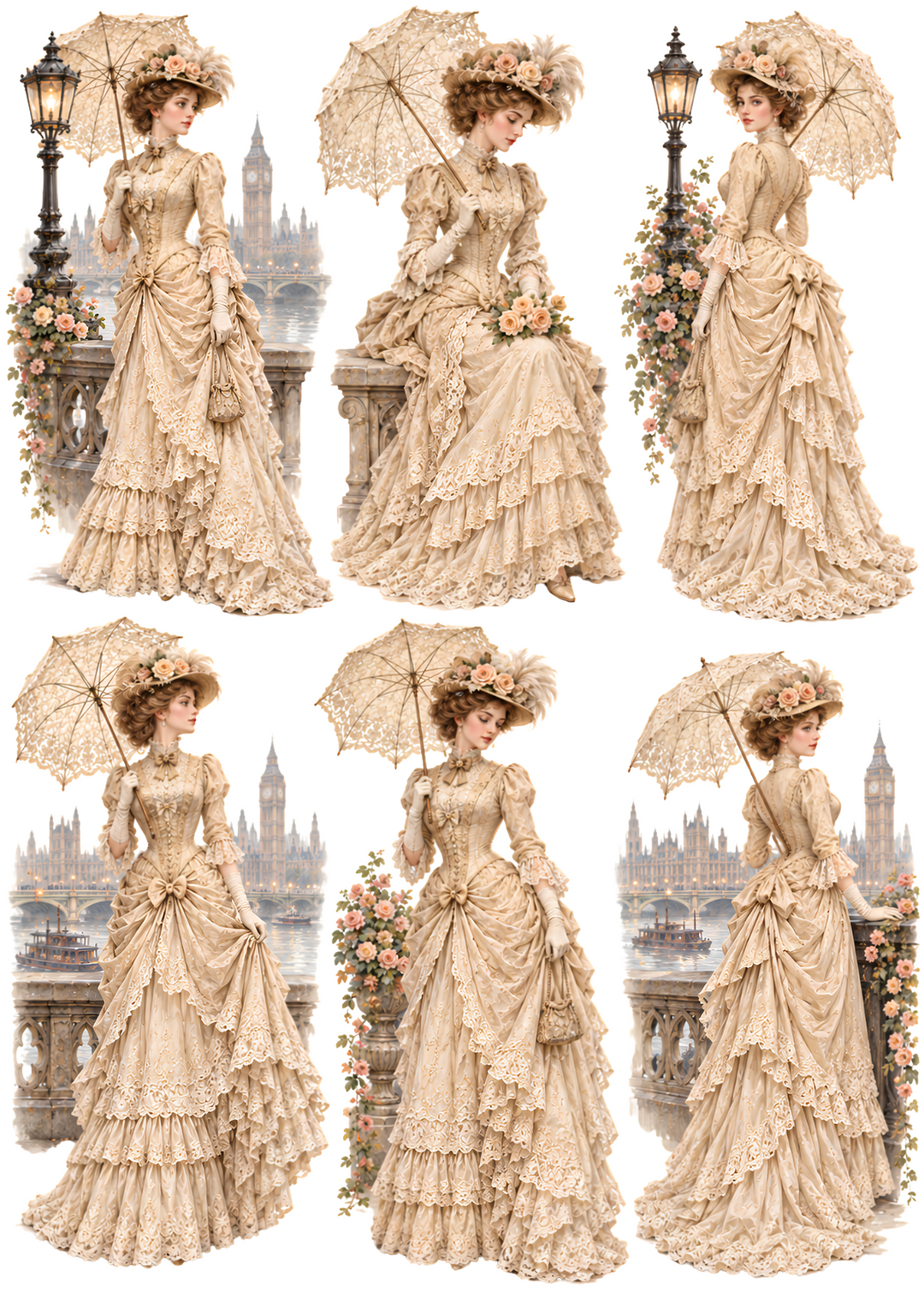 Rice Paper for Decoupage Victorian Lady with Umbrella Collage Cat 11231
