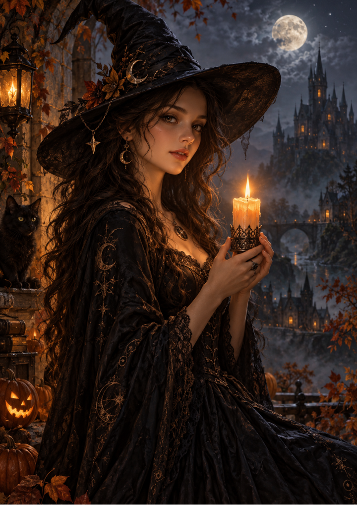 Rice Paper for Decoupage Mystical Halloween Witch with Black Cat and Glowing Candle Full  Cat 11234
