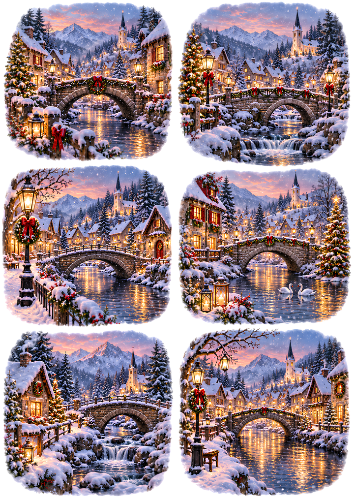 Rice Paper for Decoupage Magical Snowy Christmas Village with Stone Bridges, Glowing Lanterns and Alpine Cottages  Collage  Cat 11246