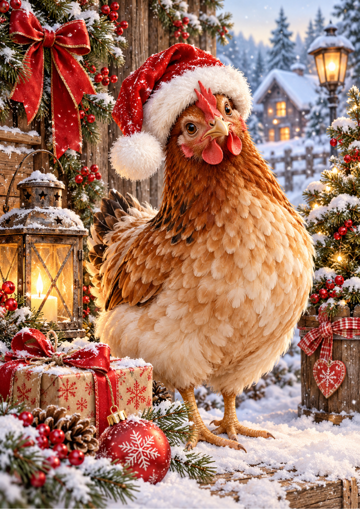 Rice Paper for Decoupage Cute Christmas Hen in Santa Hat with Festive Lantern Full  Cat 11248
