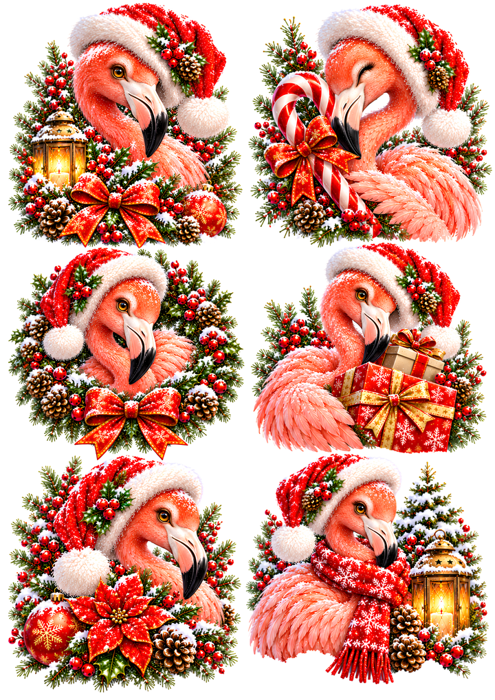 Rice Paper for Decoupage Cute Christmas Flamingo in Santa Hat with Festive Lantern Collage Cat 11249