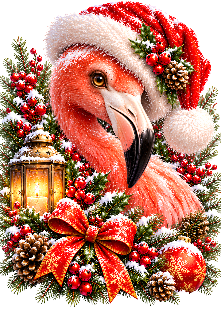 Rice Paper for Decoupage Christmas Flamingo in Santa Hat with Festive Lantern Full Cat 11250