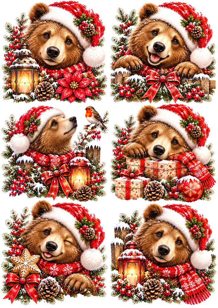 Rice Paper for Decoupage Christmas Bear in Santa Hat Collage Cat 11251