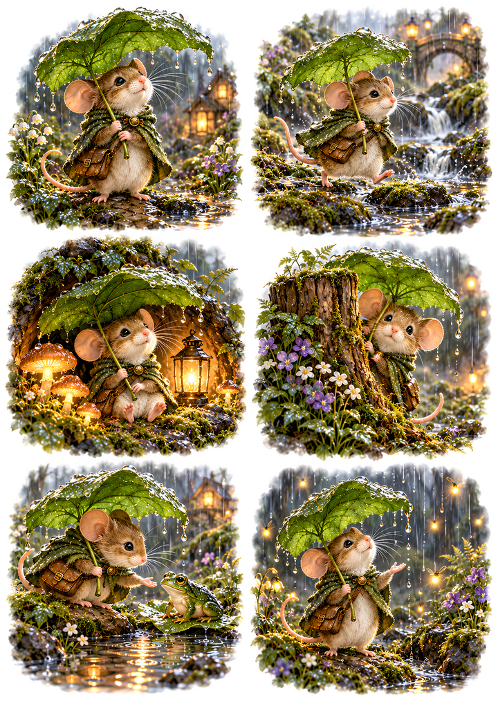 Rice Paper for Decoupage Enchanted Woodland Mouse with Leaf Umbrella Collage  Cat 11257