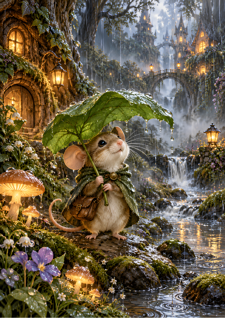 Rice Paper for Decoupage Enchanted Woodland Mouse with Leaf Umbrella Full Cat 11258