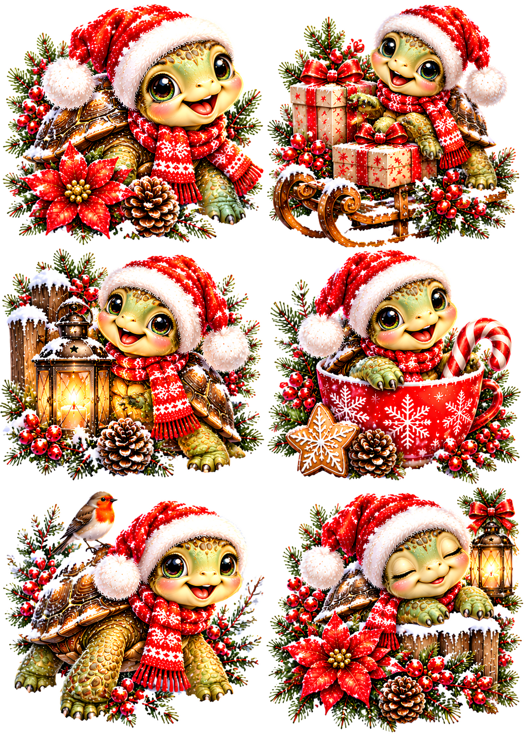 Rice Paper for Decoupage Christmas Turtle in Santa Hat Collage Cat 11264