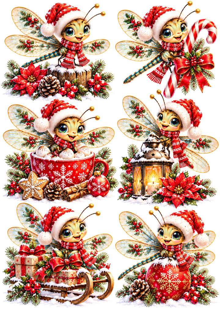 Rice Paper for Decoupage Cute Christmas Dragonflies Collage Cat 11268