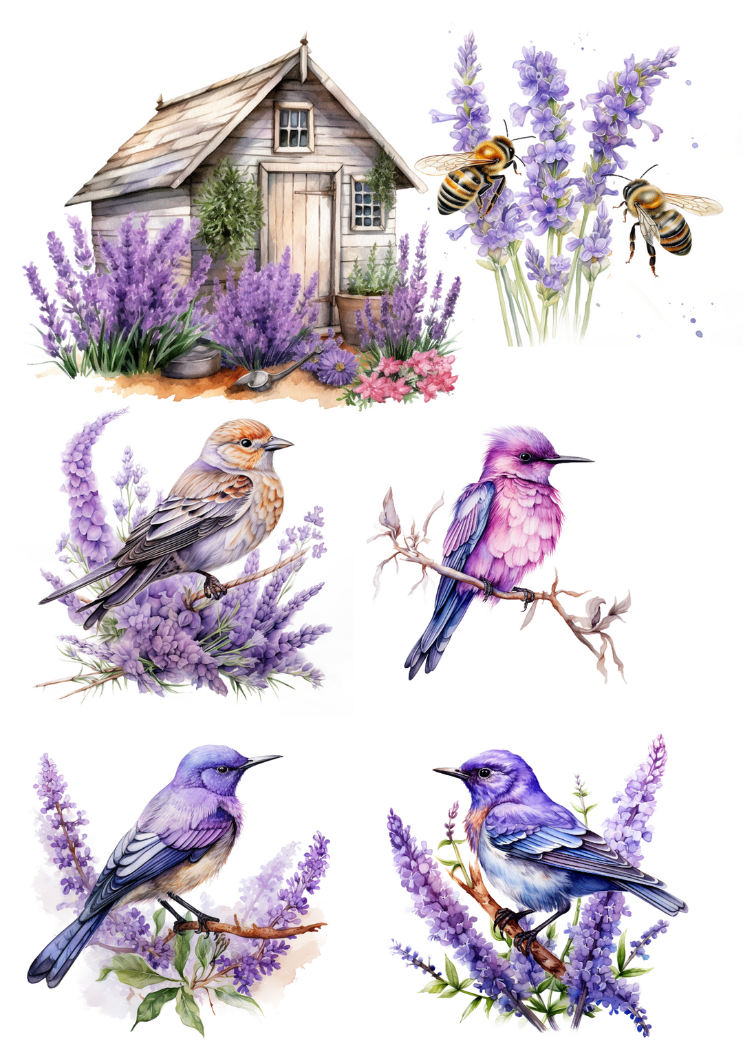 Reispapier für Decoupage-Vögel und Lavendel-Collage, Kat. Nr. 4005