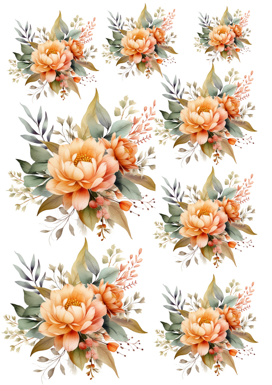 Rice Paper For Decoupage Bouquets of Orange Flowers Collage Cat No. 4024